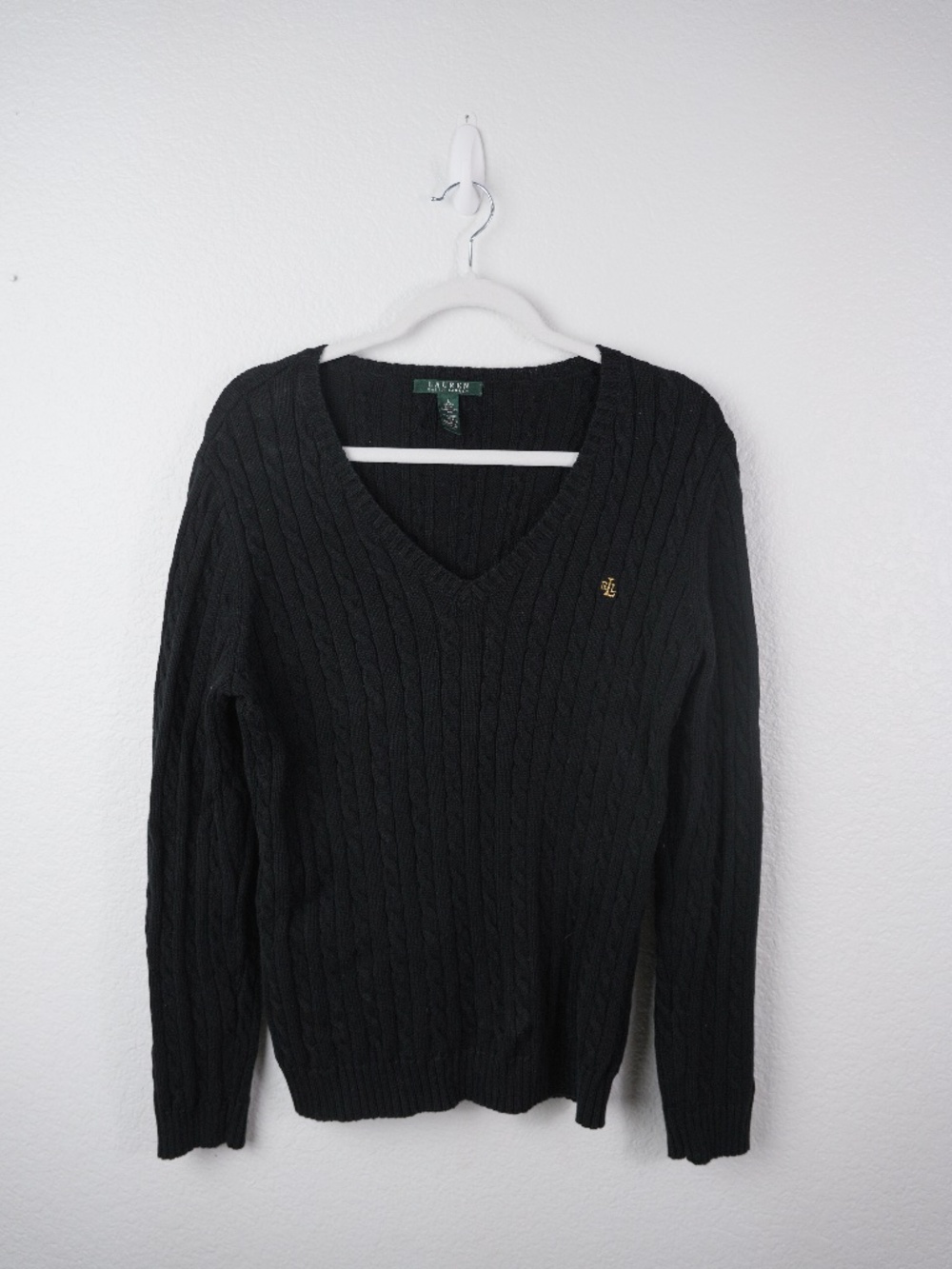 Lauren Ralph Lauren Womens Sweater Size L Black Cable Knit V Neck Cotton Logo